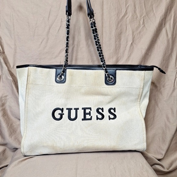 Guess Handbags - Vintage Guess Canvas Tote w Chain Handles 90s Retro Large Y2K Black Trim Metal